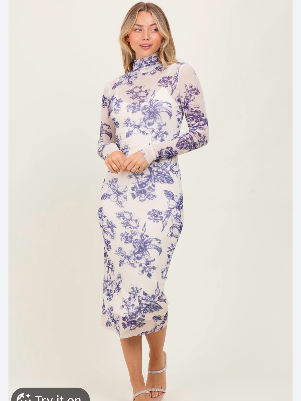 Long Sleeve Maternity Floral Maxi Dress in White and Blue